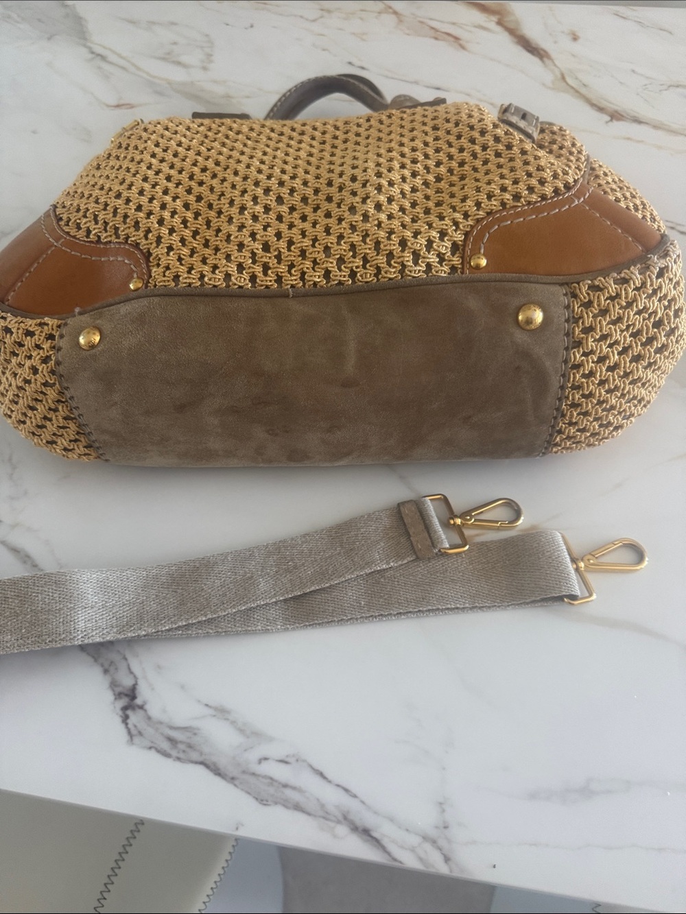 Prada Yellow Crochet Shoulder Bag with Taupe Leather Trim and shopping bag - Picture 3 of 16